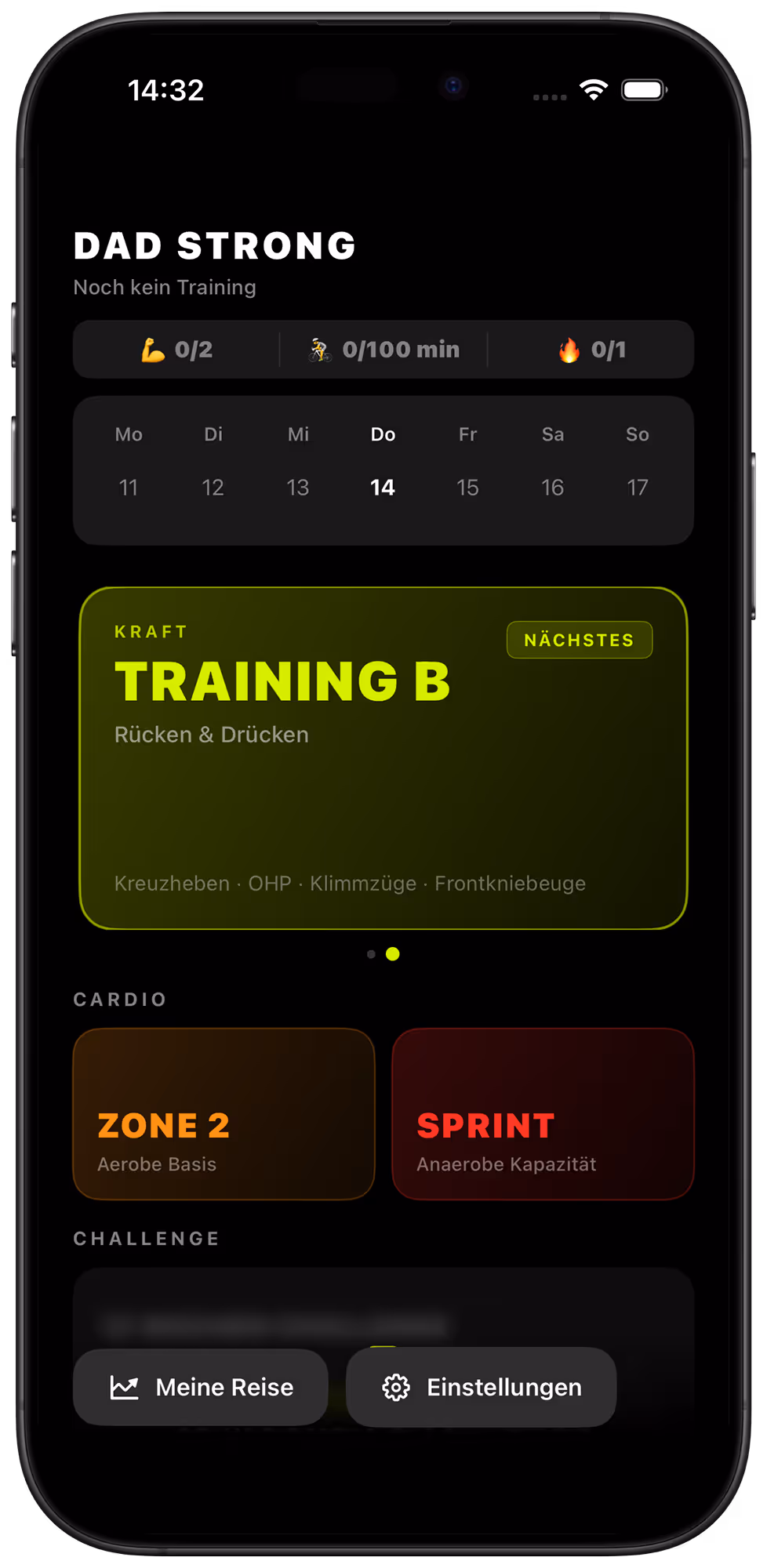 Dad Strong iOS App – Übersicht Kraft-, Ausdauer- und Sprint-Streaks auf dem Home Screen